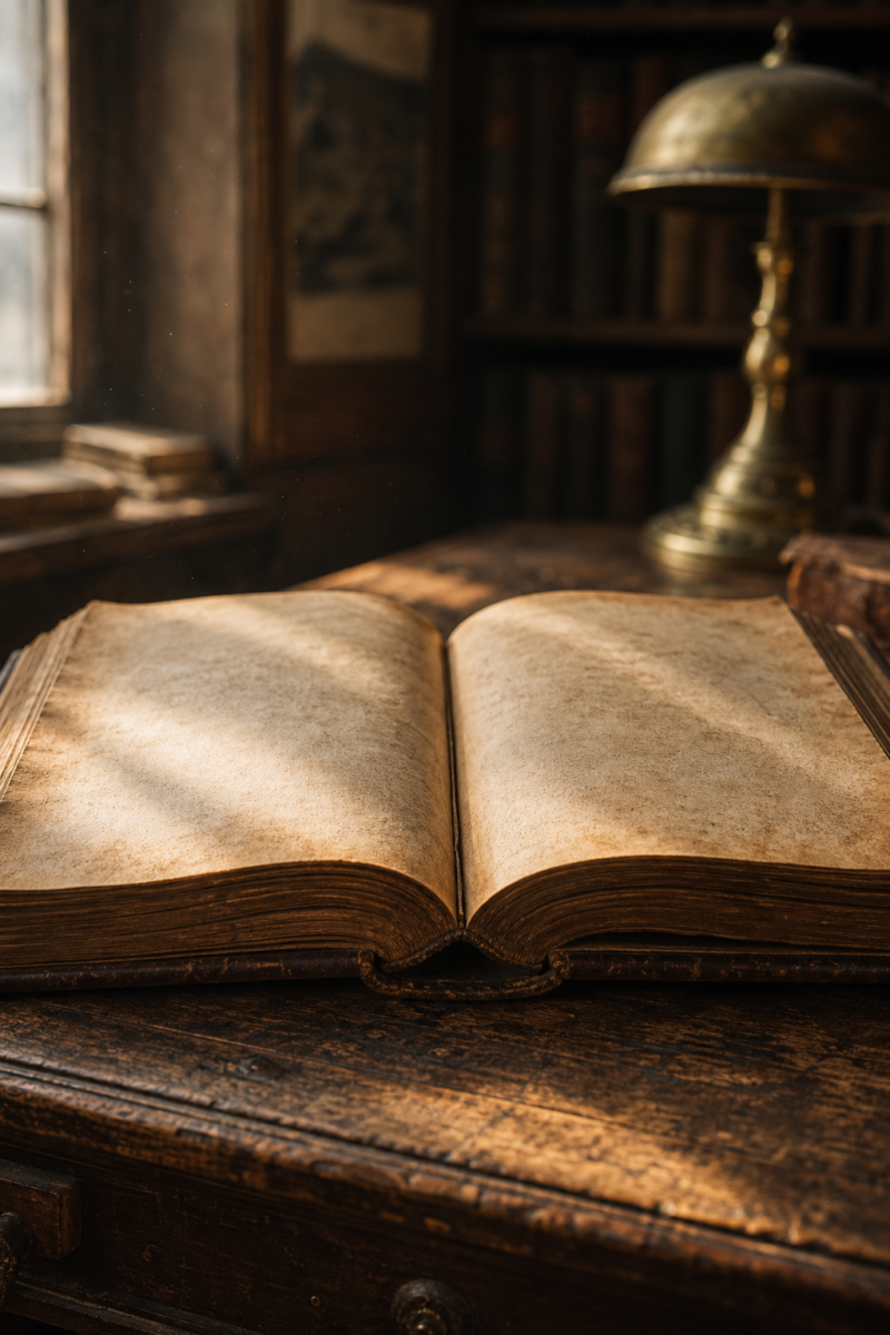 An open antique book with blank yellowed pages on a wooden desk, with a brass