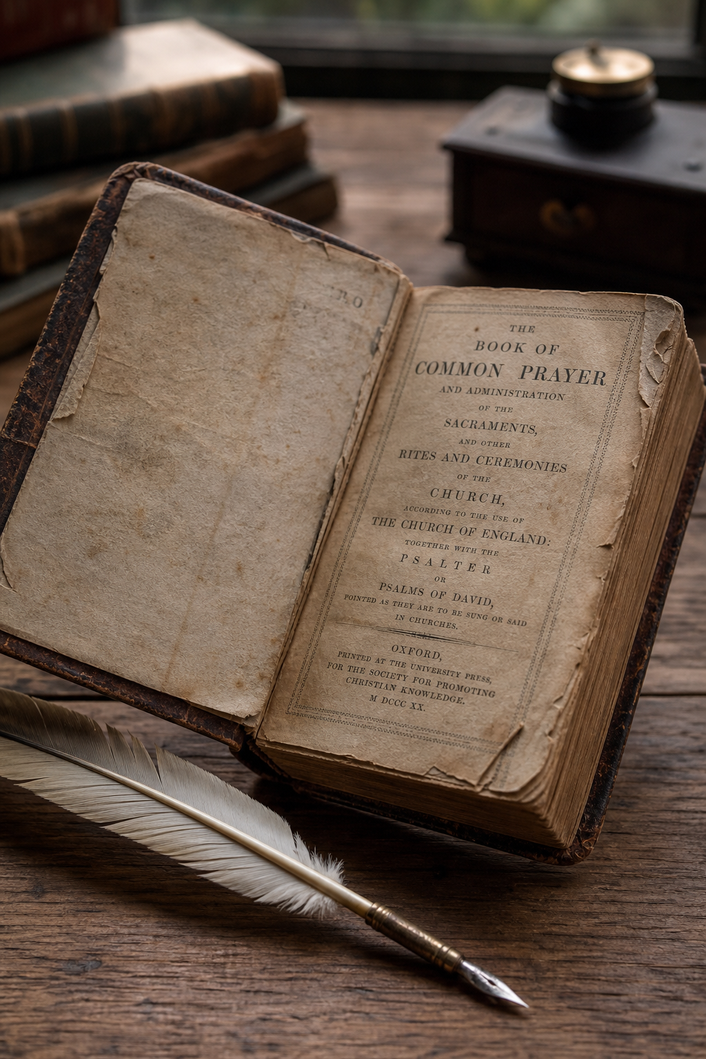 An open antique copy of The Book of Common Prayer, printed at Oxford by the