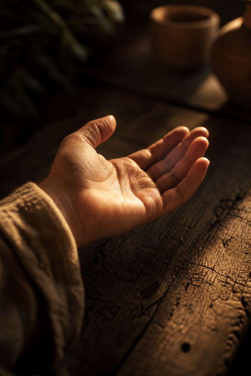An open hand with palm facing up resting near a rustic wooden table, bathed in