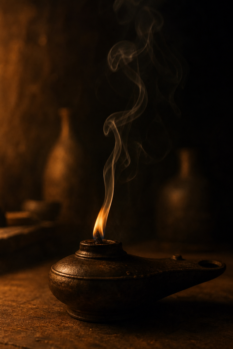Ancient clay oil lamp burning with a small flame and wispy smoke rising in a