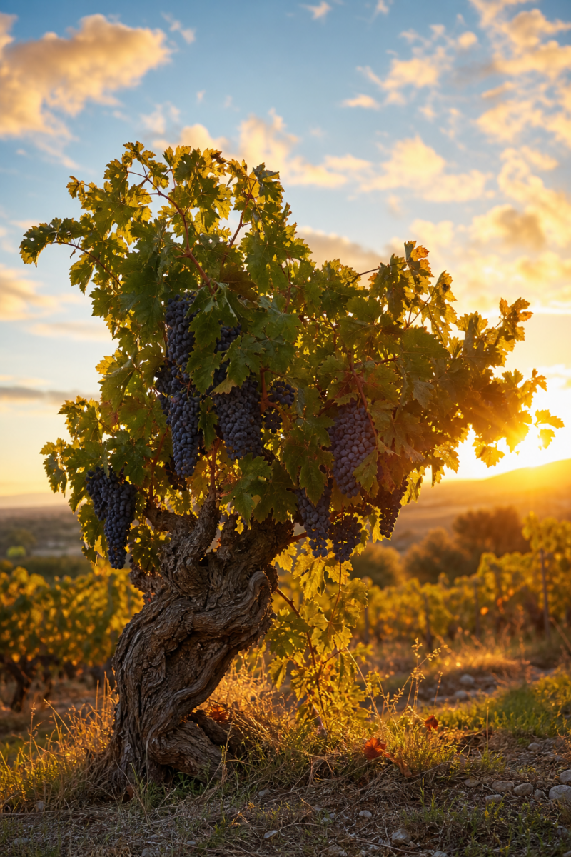 Ancient gnarled grapevine heavy with clusters of dark red grapes at sunset,