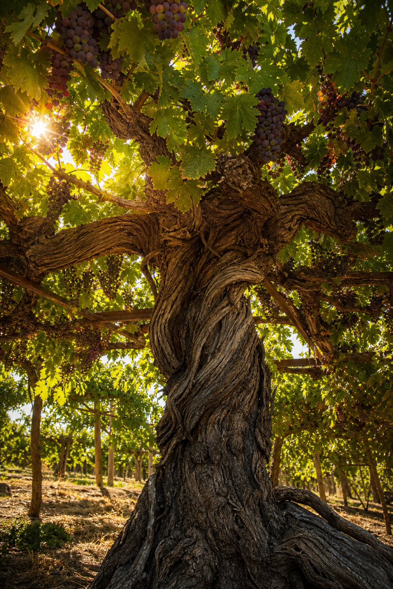 Ancient gnarled grapevine trunk with twisted bark, spreading branches heavy