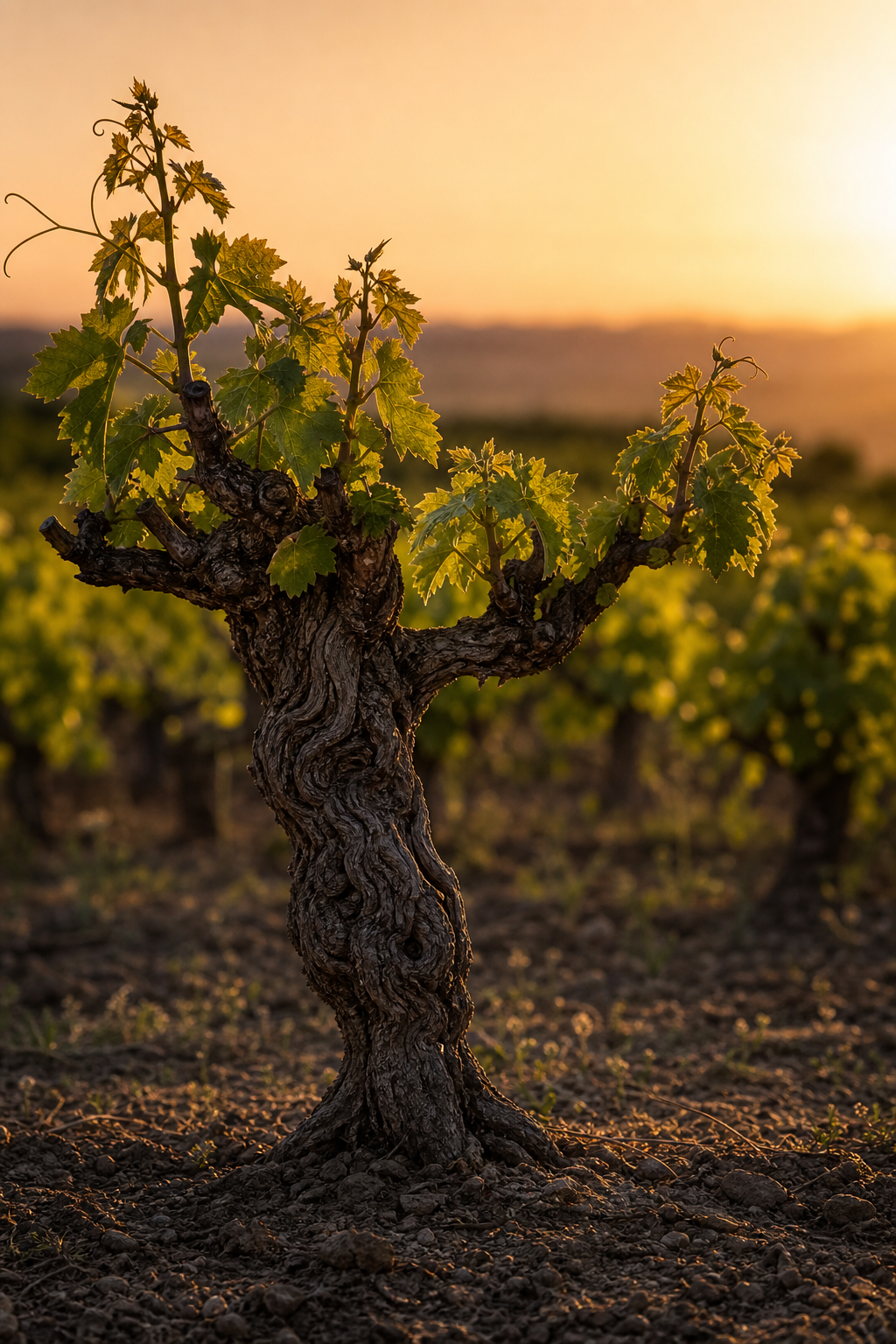 Ancient gnarled grapevine with fresh spring leaves glowing in golden sunset