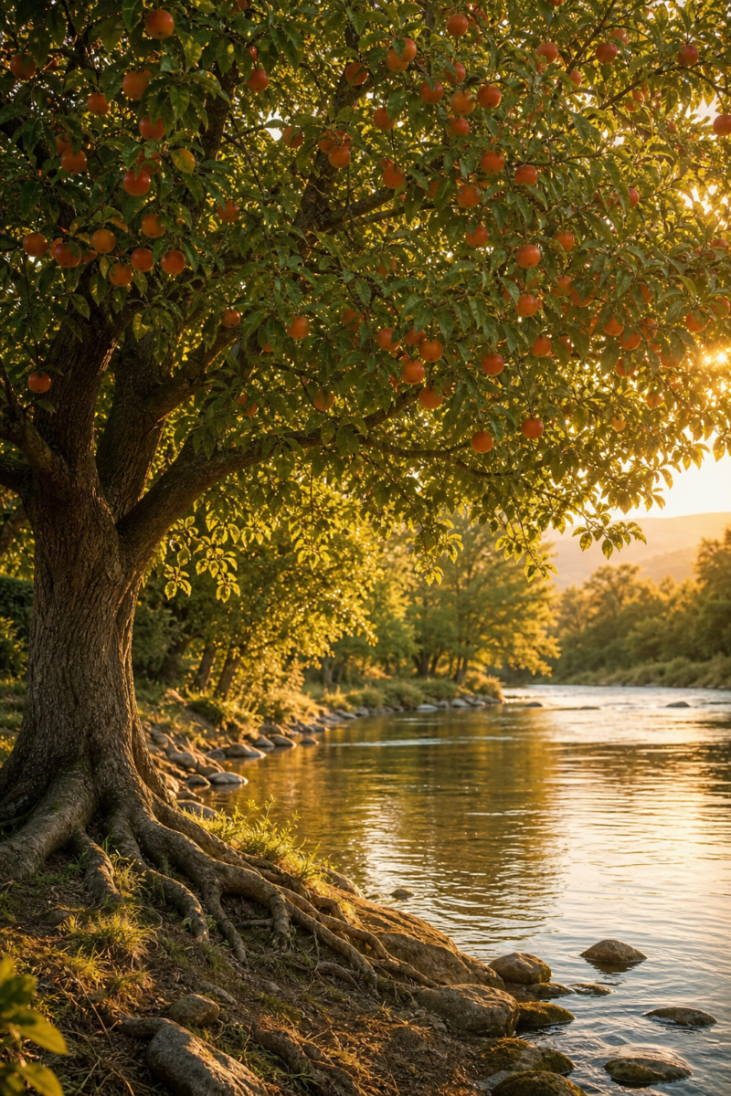 Apple tree laden with red fruit growing along a rocky riverbank at golden hour,