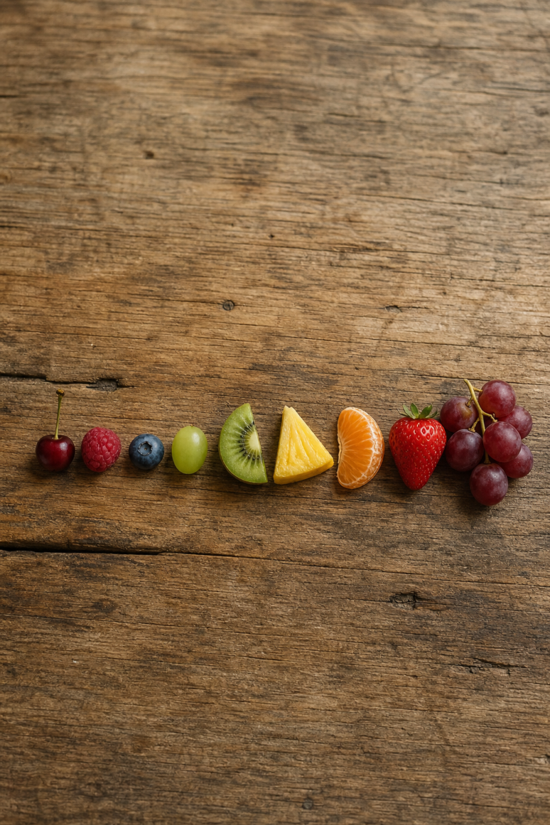 Assorted fruits arranged in a row on a wooden surface: cherry, raspberry,