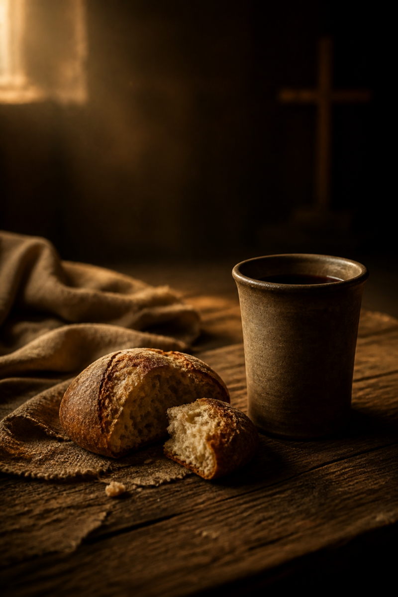 Broken bread and a cup of wine on a wooden table with a cross in the