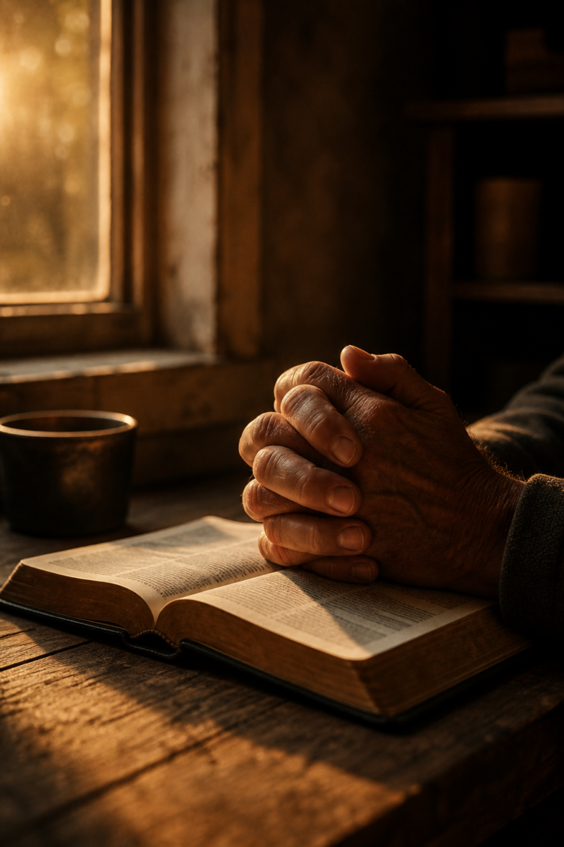 Clasped hands resting on an open Bible on a wooden table, bathed in warm golden