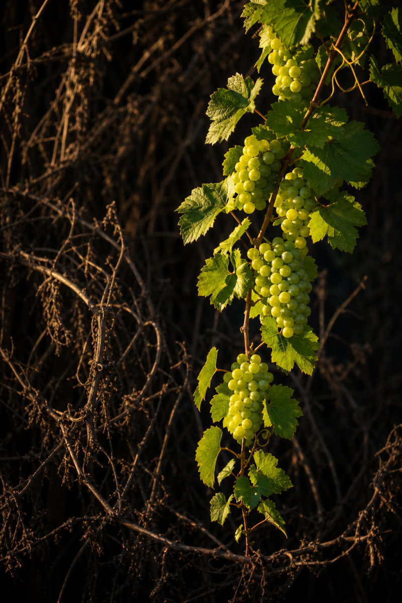 Clusters of green grapes ripening on a sunlit grapevine against a dark tangle