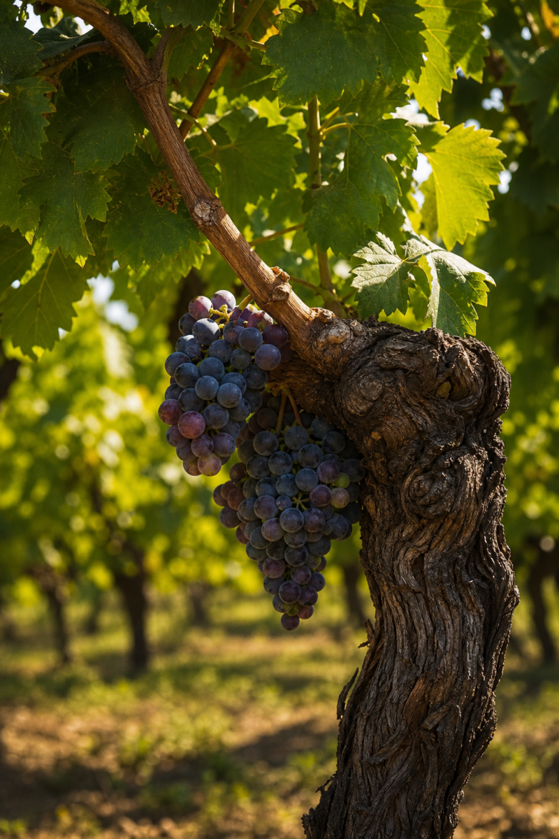 Clusters of ripe dark purple grapes hanging from a gnarled old grapevine trunk