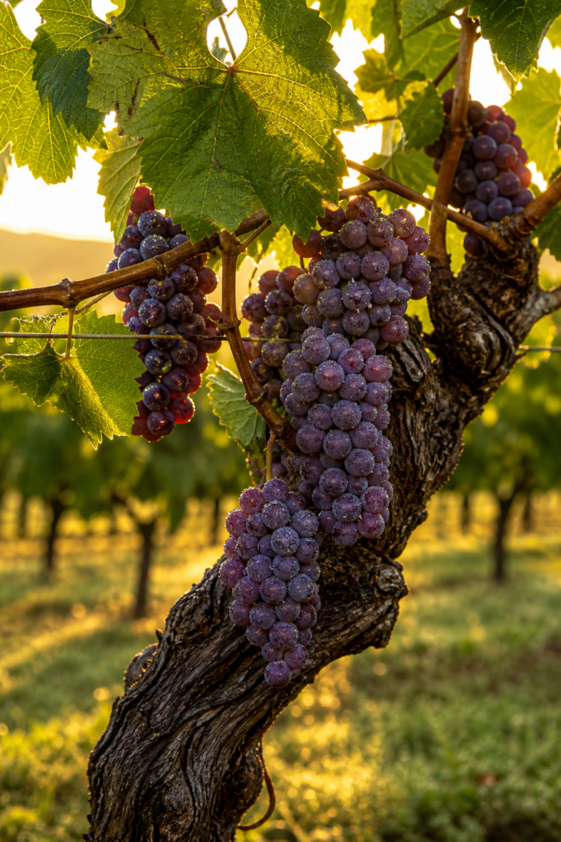 Clusters of ripe purple grapes hanging from a gnarled grapevine in a sun lit