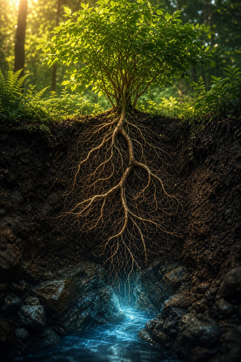 Cross section illustration of a tree showing its root system extending deep