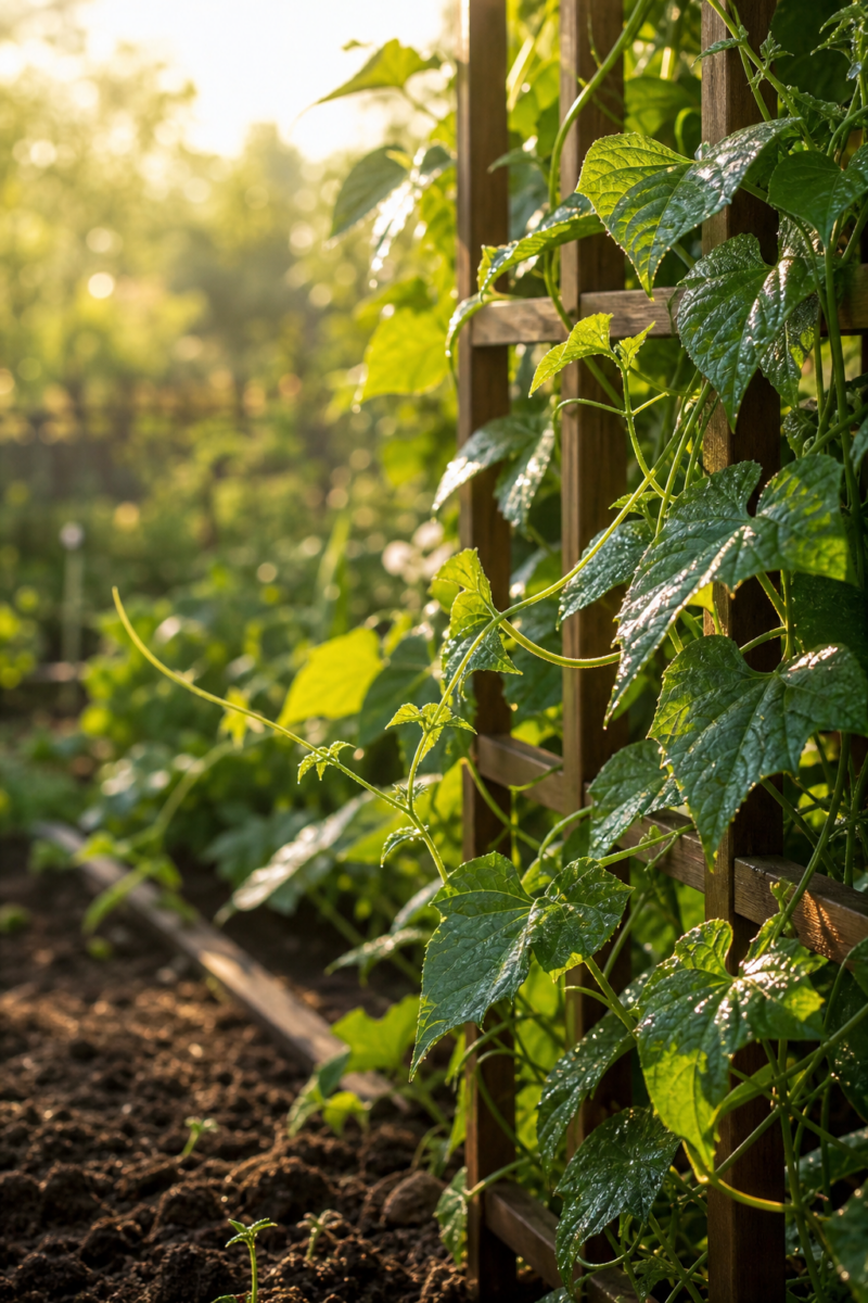 Cucumber vines climbing a wooden trellis in a sunlit vegetable garden with drip