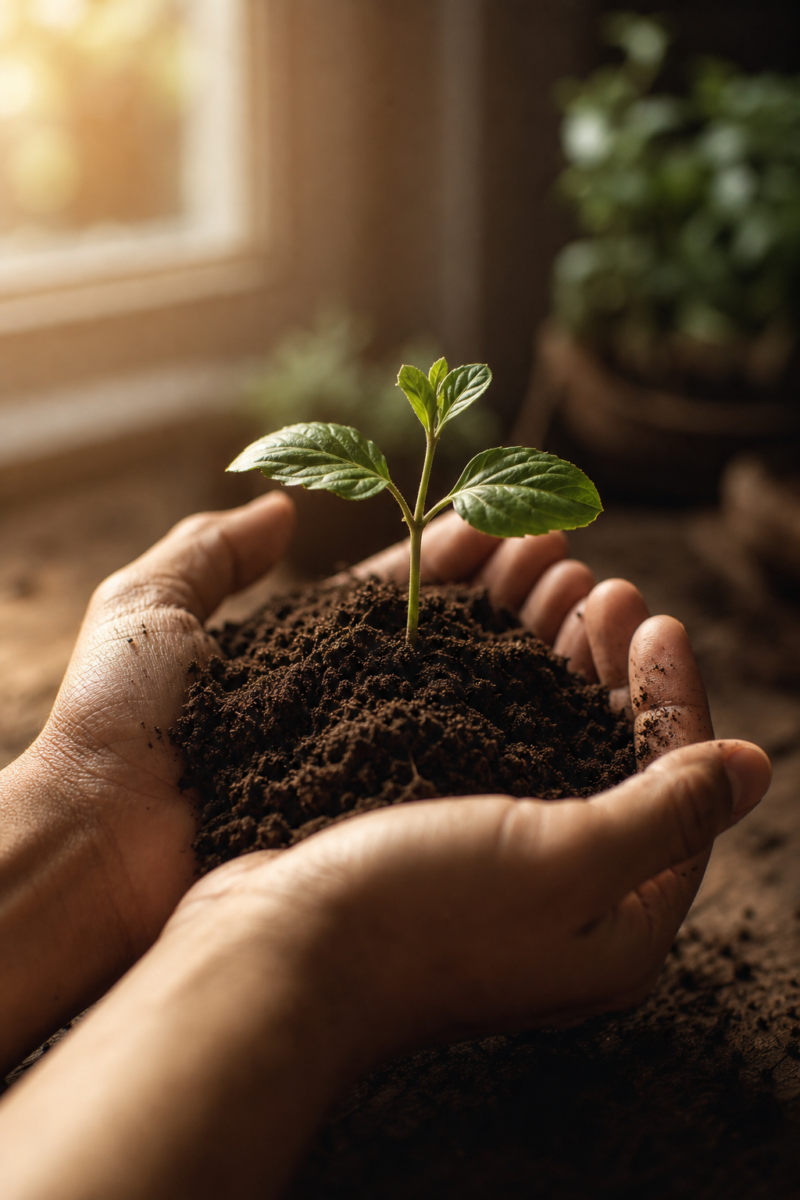 Cupped hands holding a mound of dark soil with a small green seedling sprouting