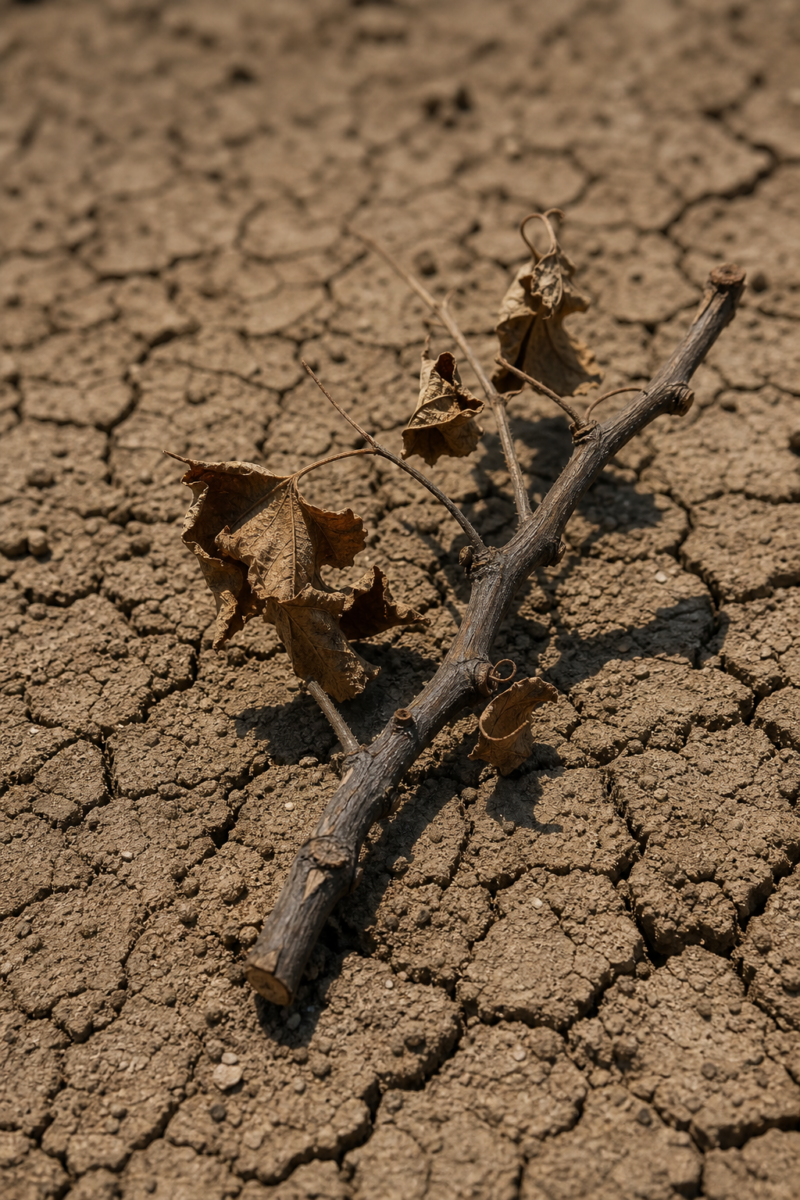 Dead branch with dried leaves lying on severely cracked, parched earth, showing