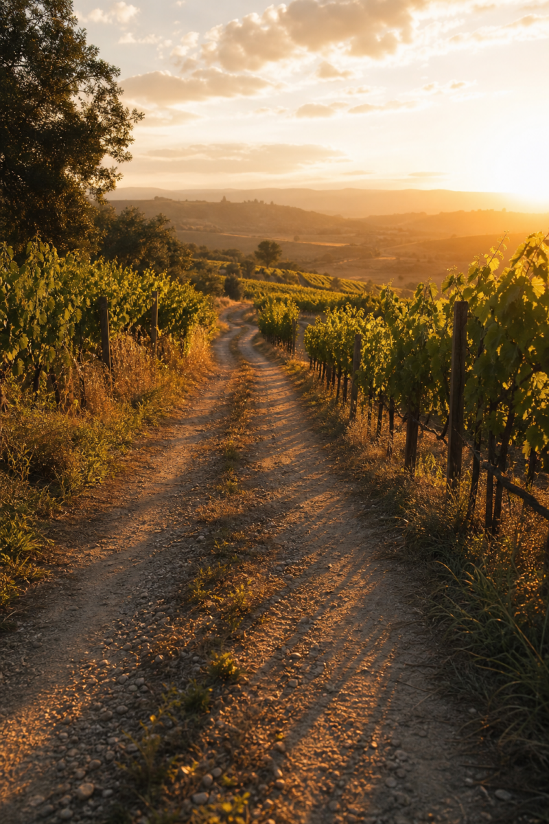 Dirt path winding through vineyard rows at golden sunset, with rolling hills in