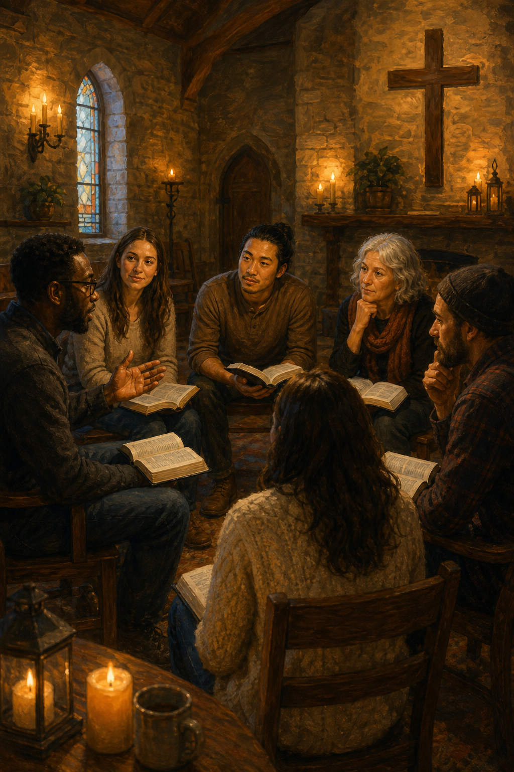 Diverse group of people holding open Bibles in a candlelit stone chapel,