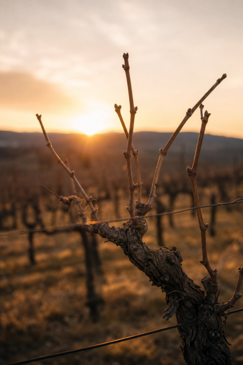 Dormant grapevine with bare canes and budding shoots in a vineyard at sunset,