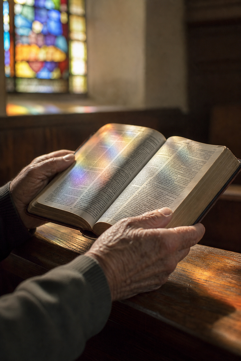 Elderly hands holding an open Bible in a church pew, with colorful light from a