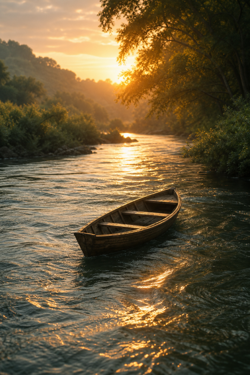 Empty wooden rowboat drifting on a tree lined river at golden sunset