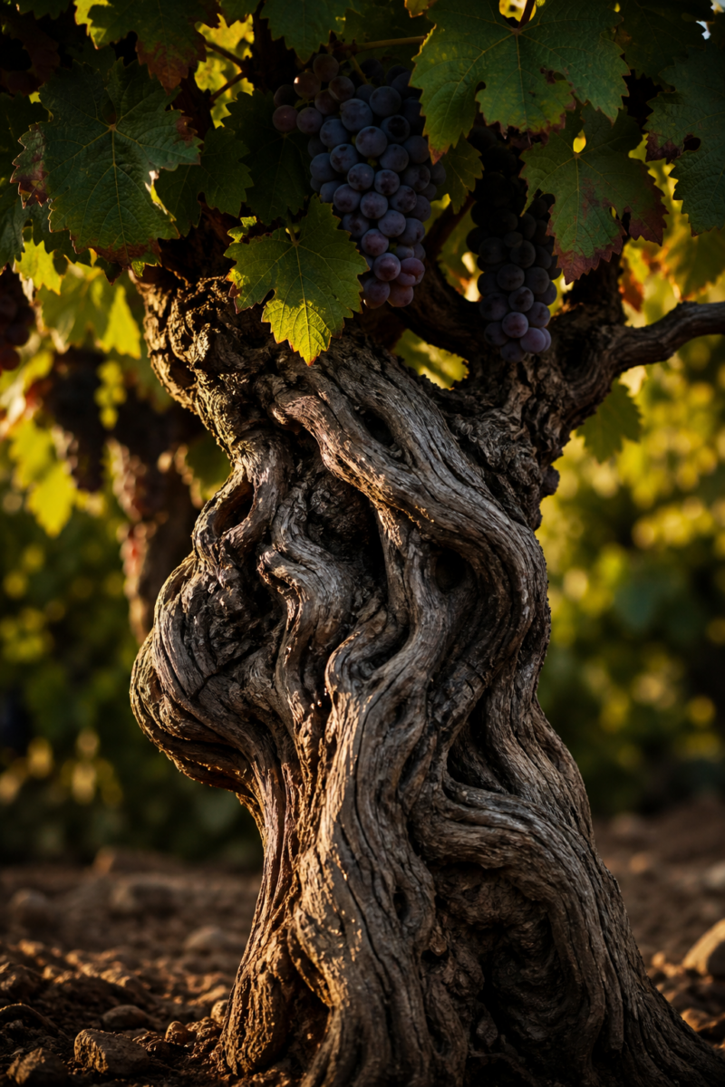 Gnarled, ancient grapevine trunk with twisted bark bearing clusters of ripe