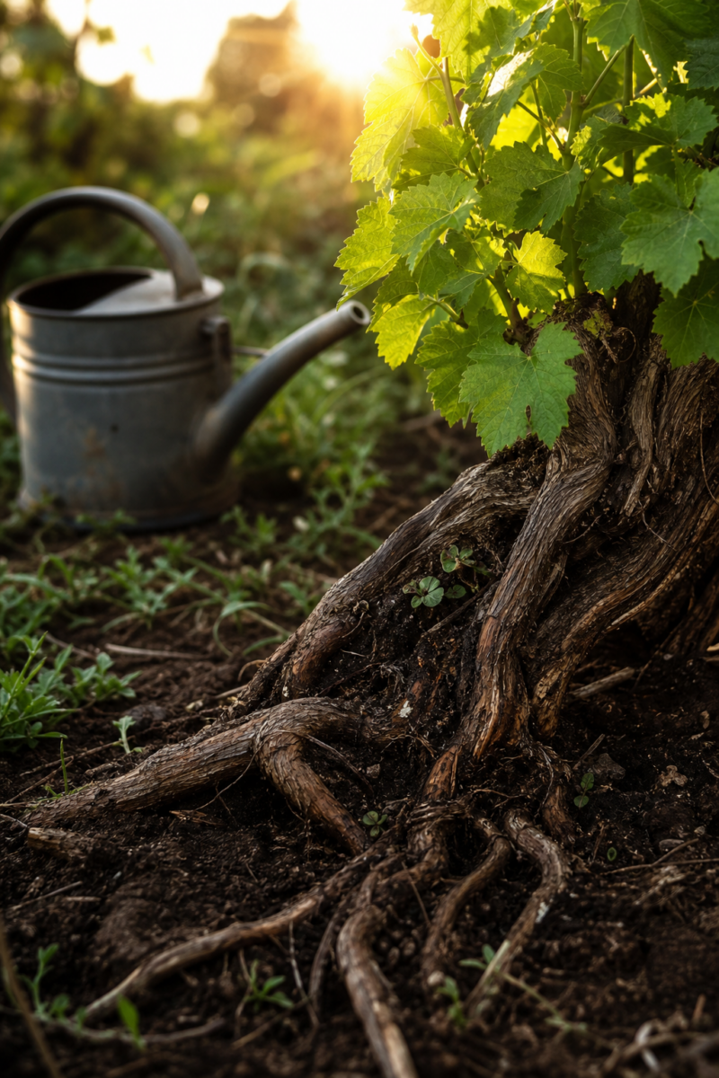 Gnarled grapevine roots and green leaves in sunlit vineyard soil, with a metal
