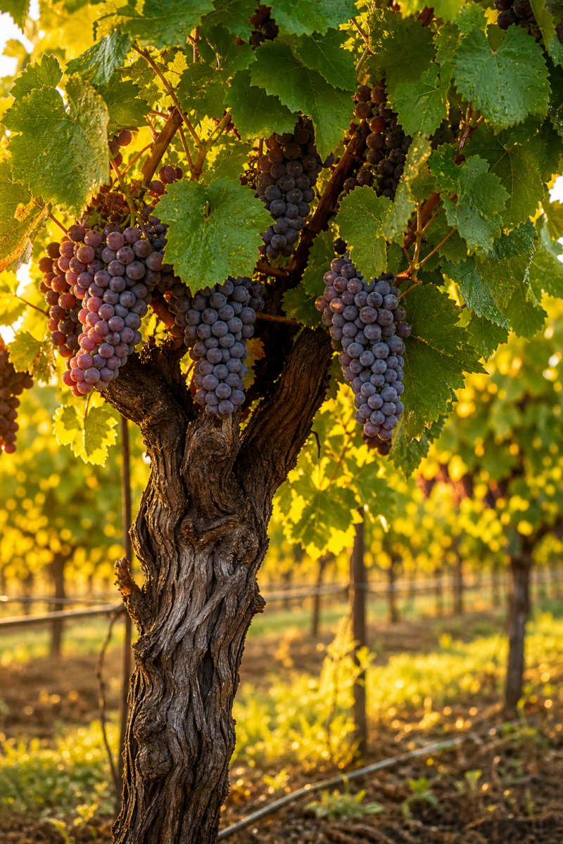 Gnarled grapevine trunk bearing clusters of ripe purple grapes in a sunlit
