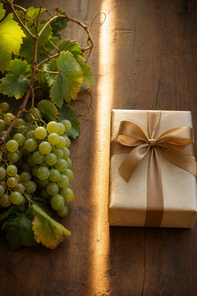 Gold wrapped gift box with a satin bow beside a bunch of green grapes and vine