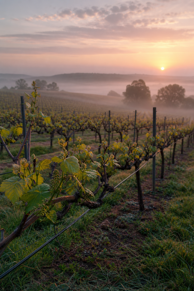Grapevines with new spring growth in a vineyard at sunrise, with morning fog