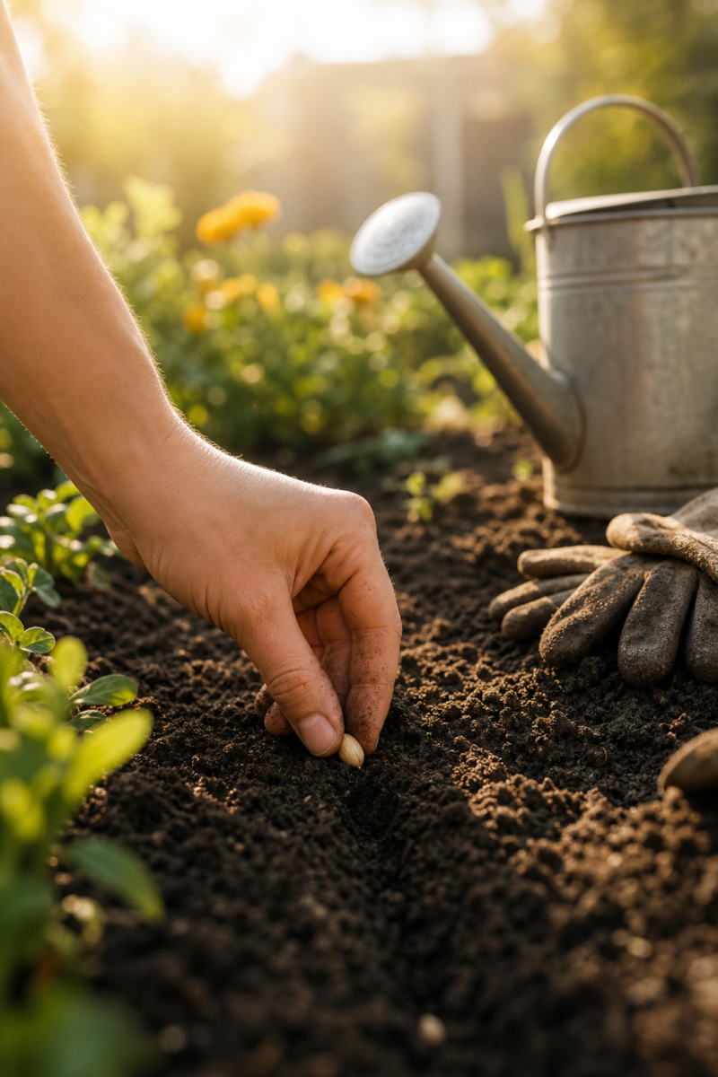 Hand planting a seed in dark garden soil, with gardening gloves and a metal