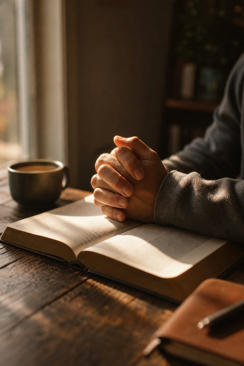 Hands clasped in prayer over an open Bible on a wooden table, with a cup of