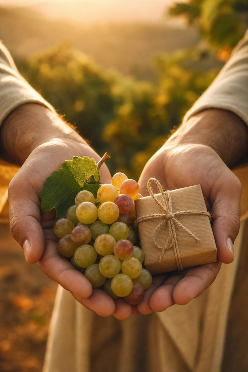 Hands cradling a bunch of fresh green grapes with a leaf and a small