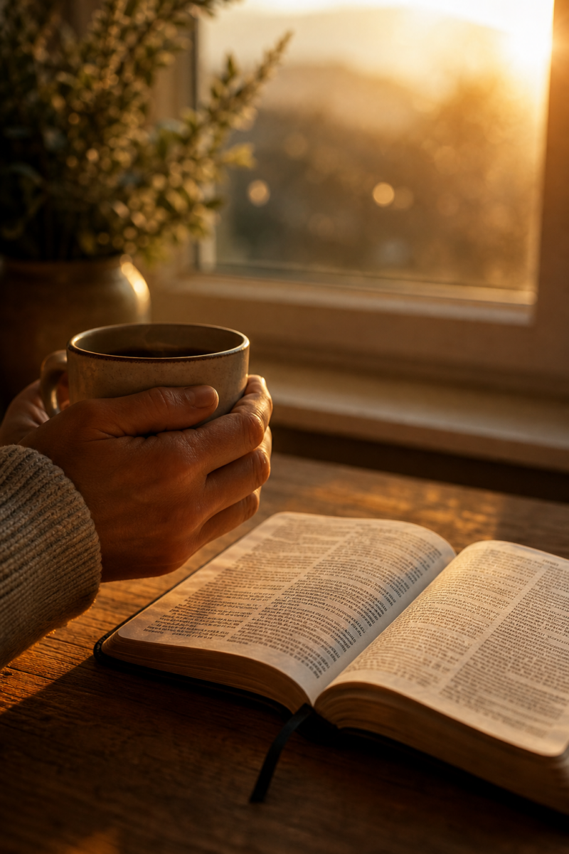 Hands cradling a warm mug beside an open Bible on a wooden table, bathed in