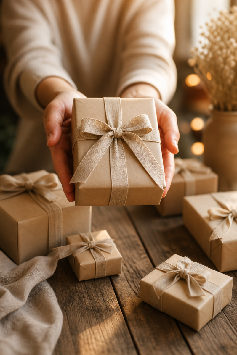 Hands holding a kraft paper gift box with a ribbon bow, surrounded by similar