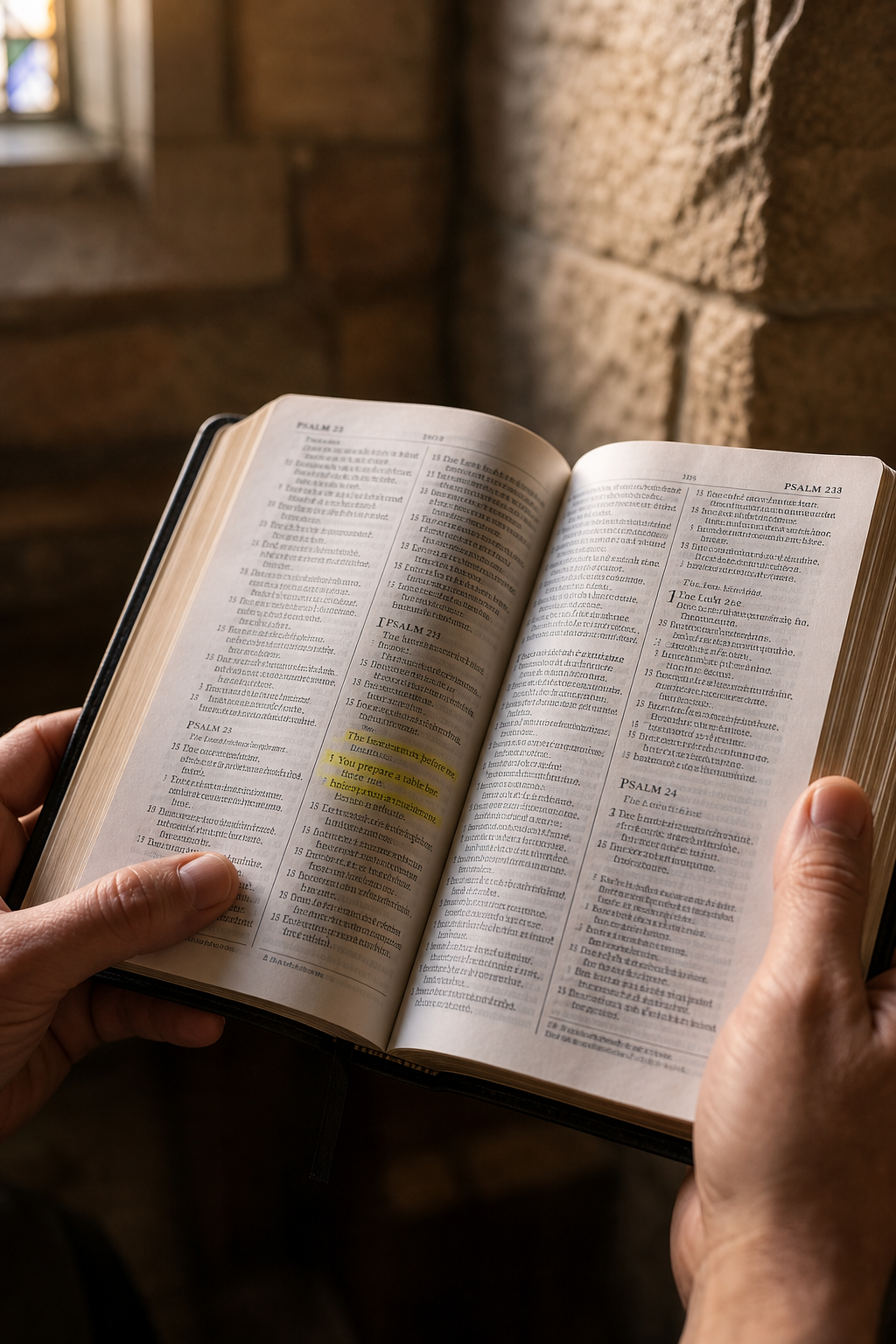 Hands holding an open Bible to Psalm 23, with a verse highlighted in yellow