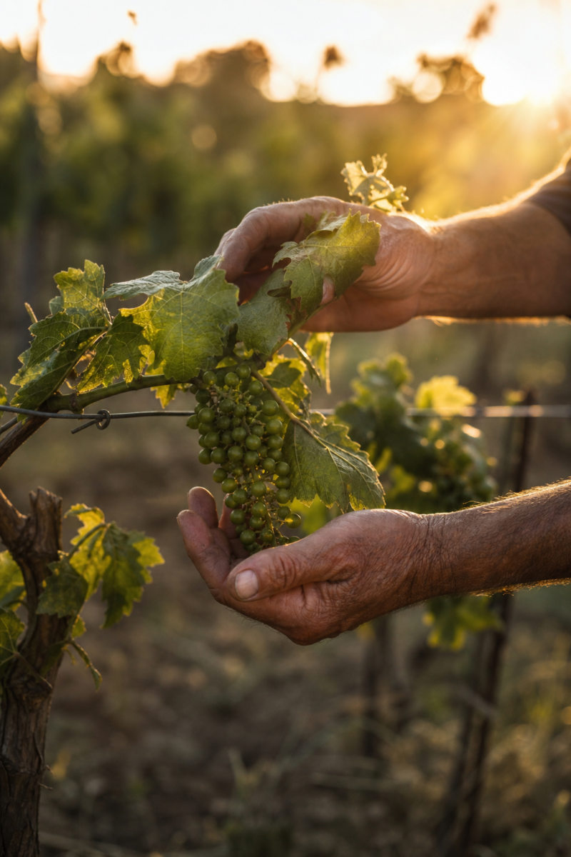 Hands inspecting a cluster of unripe green grapes on a vineyard vine at golden