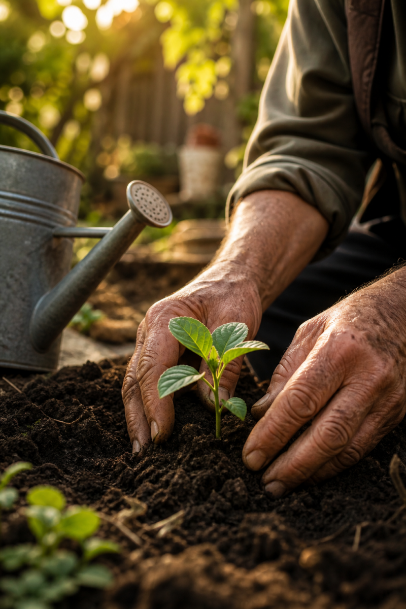 Hands planting a small seedling in dark soil in a garden, with a metal watering