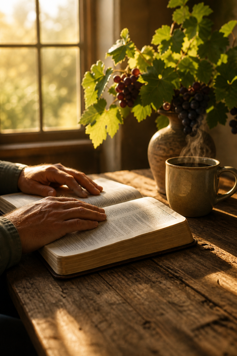 Hands resting on an open Bible on a rustic wooden table, beside a steaming mug