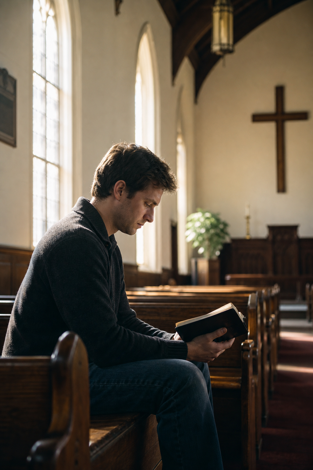 Man sitting alone in a church pew reading a Bible, with a wooden cross visible