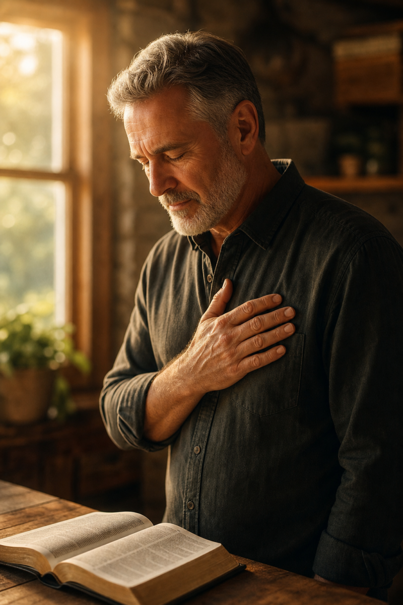 Middle aged man with eyes closed and hand over heart standing before an open