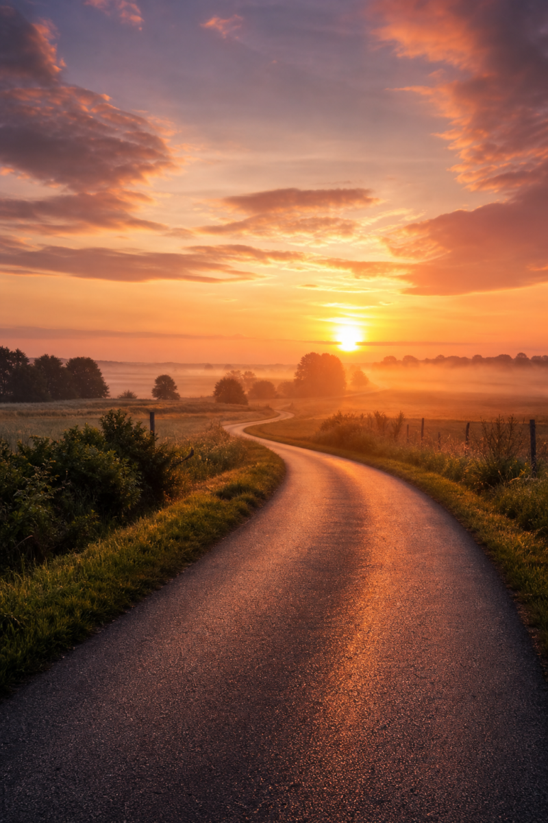 Narrow country road winding through misty rural fields toward a vivid orange