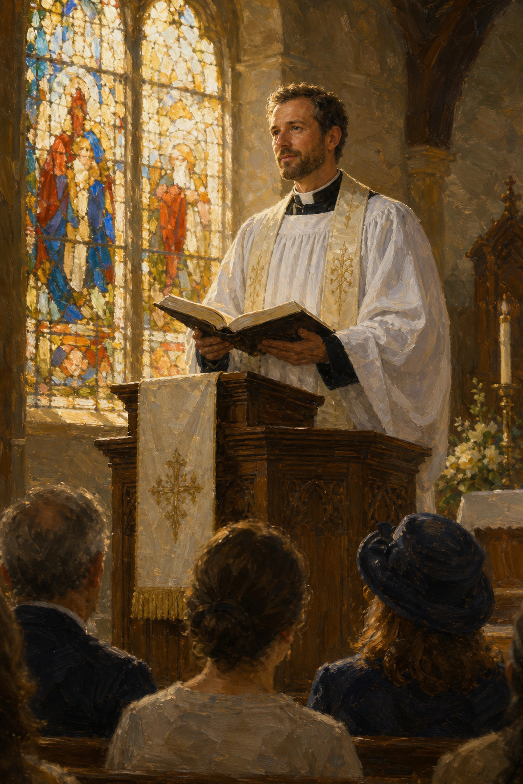 Oil painting of a priest delivering a sermon at a wooden pulpit, holding an