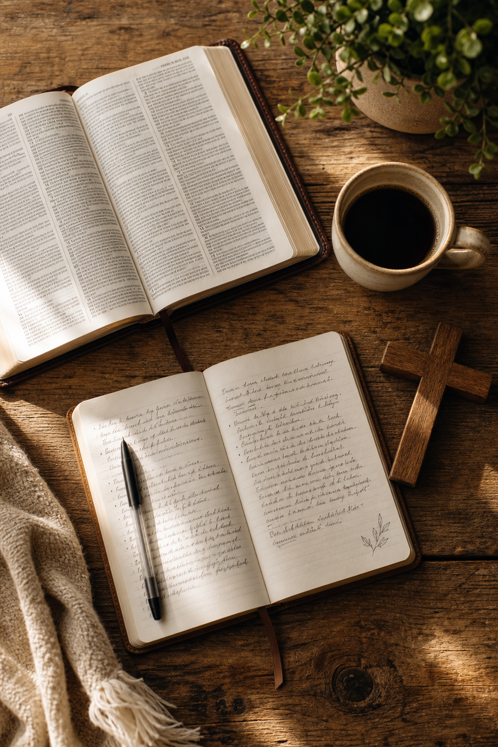 Open Bible and handwritten journal on a rustic wooden table, alongside a cup of