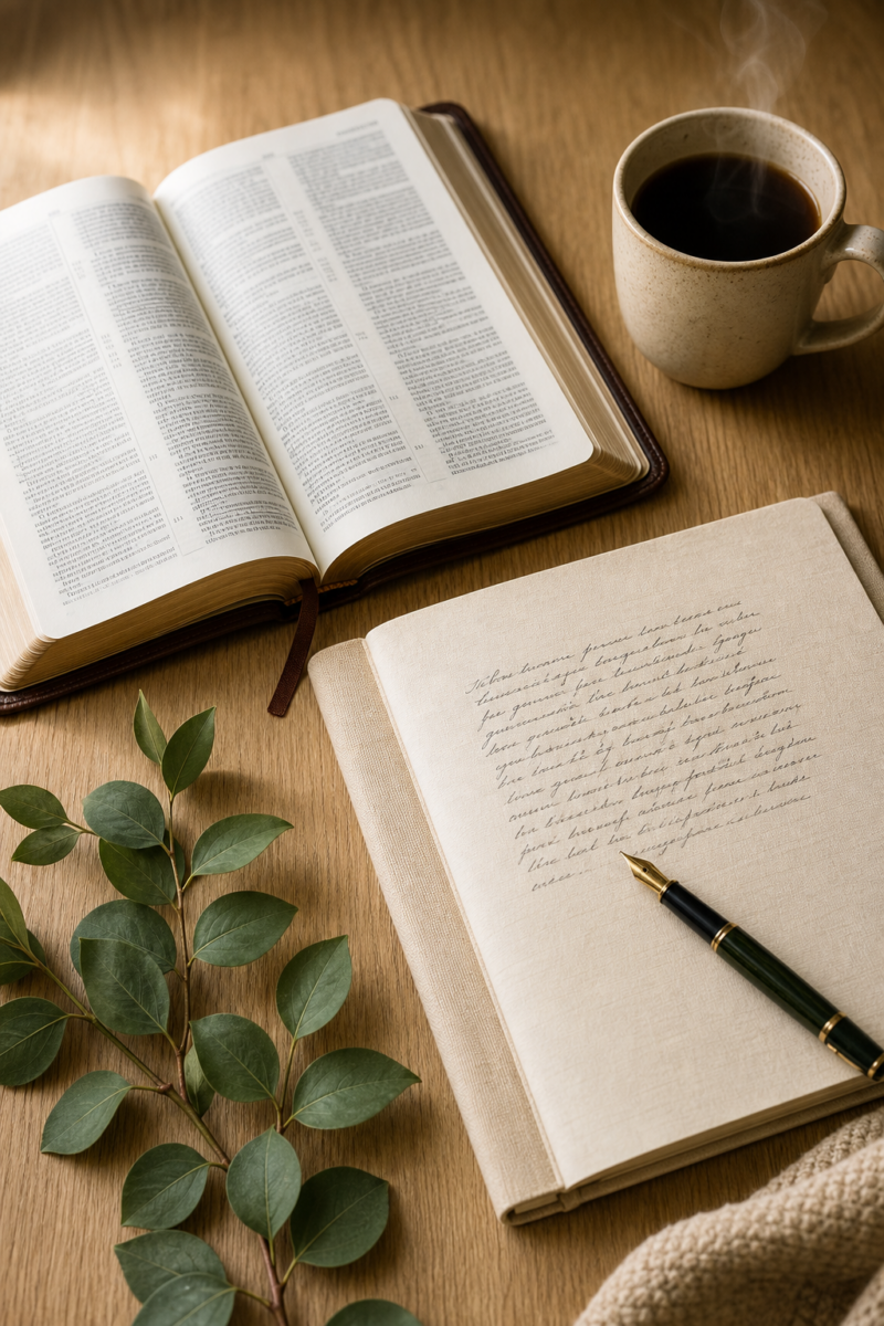 Open Bible and handwritten journal with a fountain pen, steaming coffee mug,