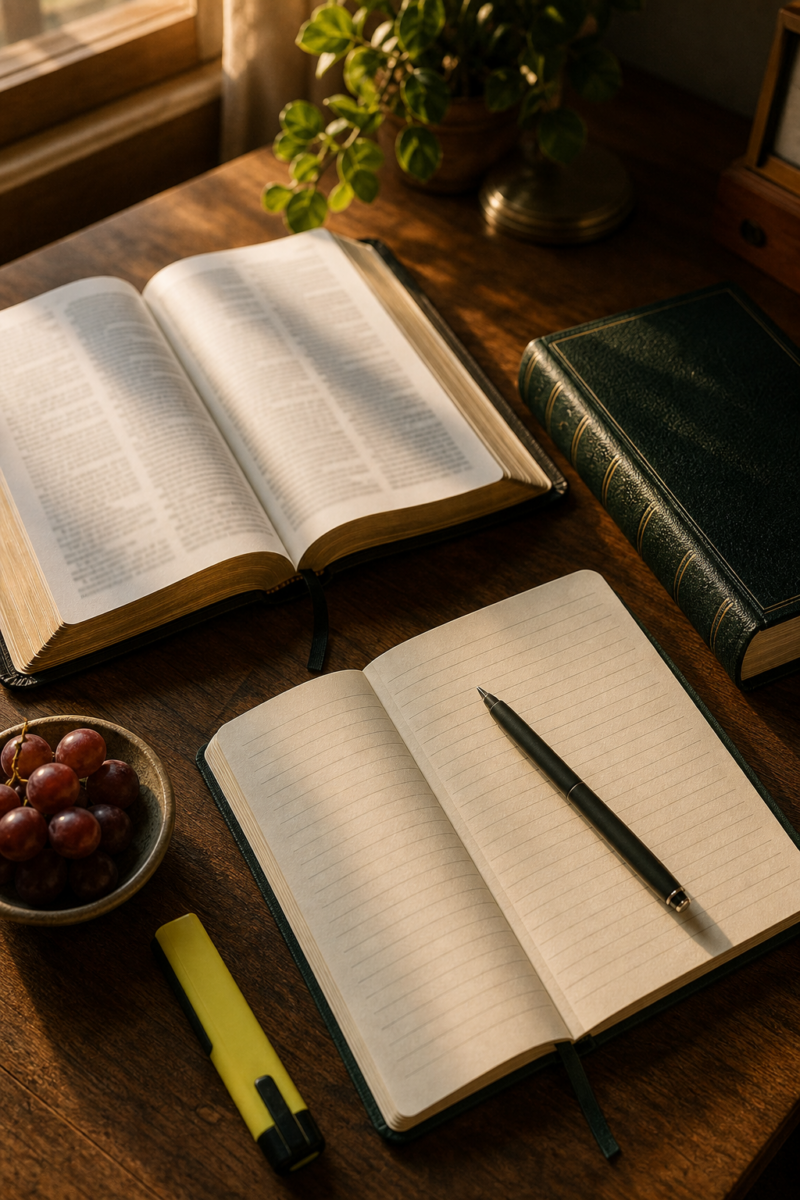 Open Bible, blank notebook with pen, closed leather book, highlighter, and bowl
