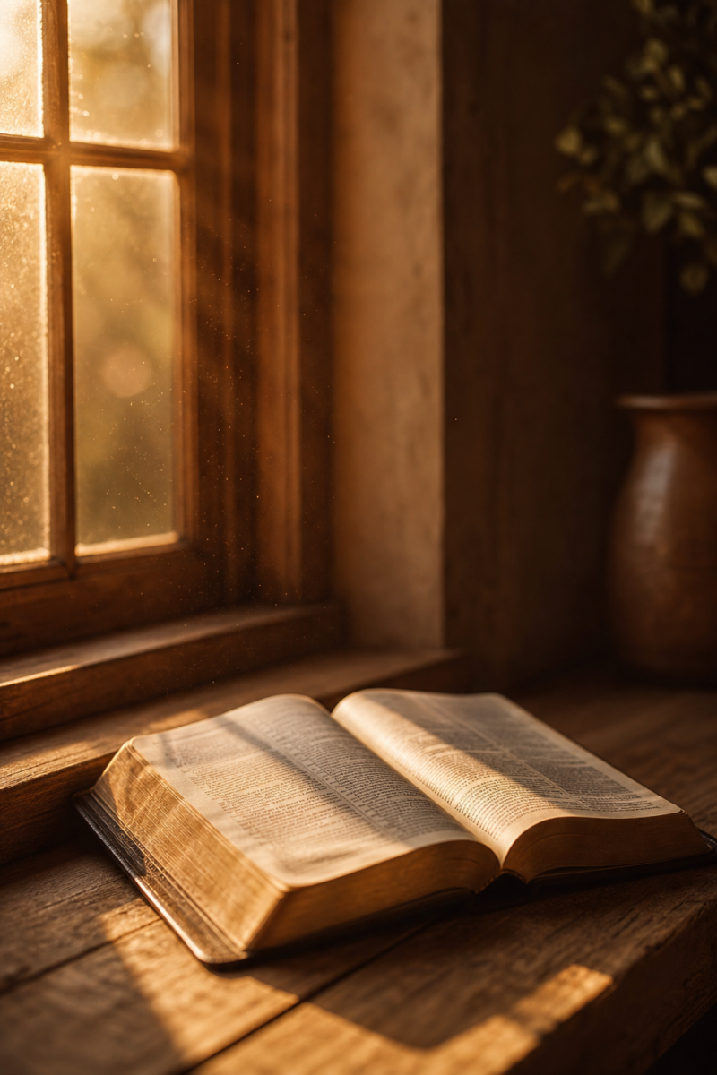Open Bible resting on a wooden surface, bathed in warm golden sunlight