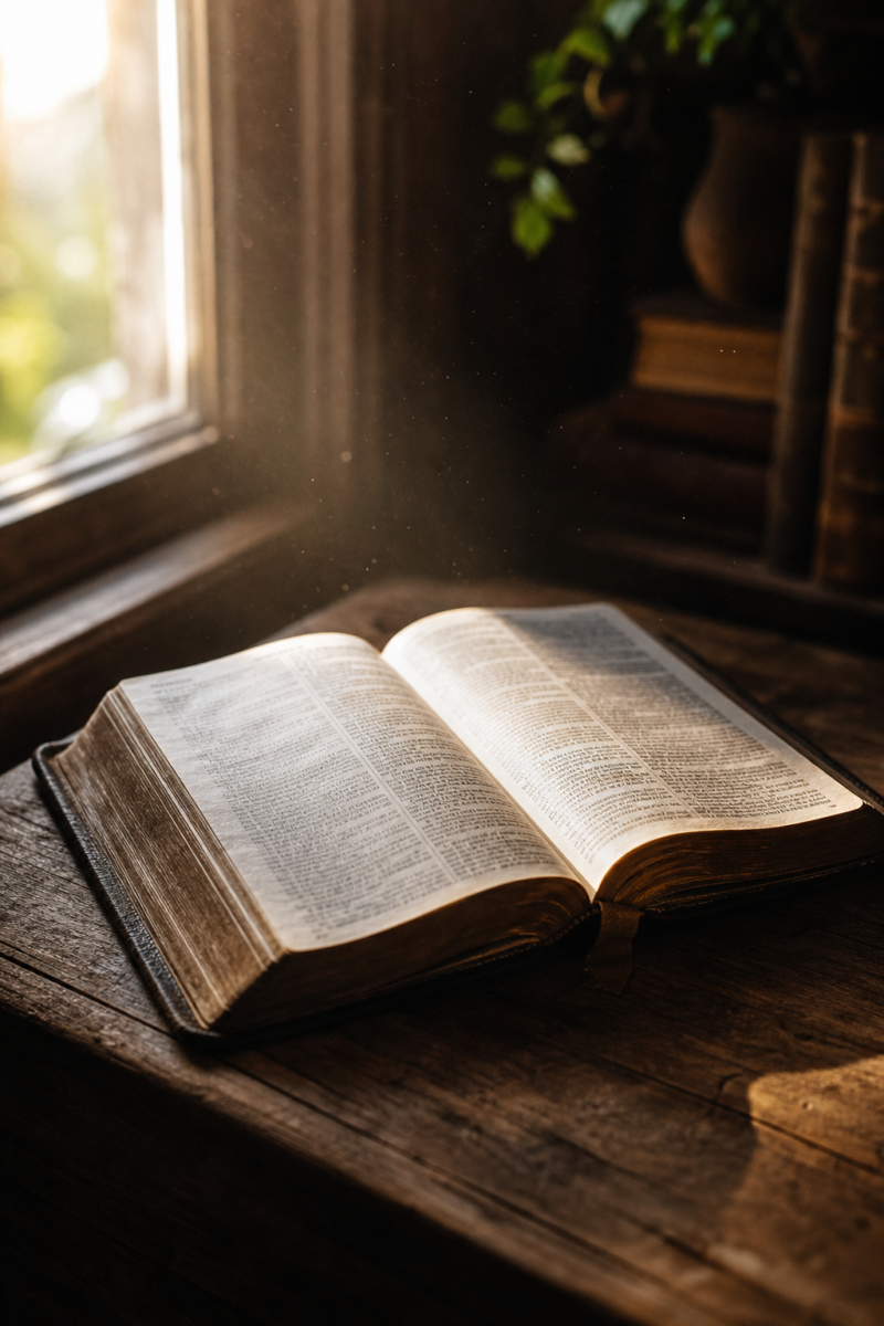 Open Bible resting on a wooden surface, bathed in warm sunlight streaming