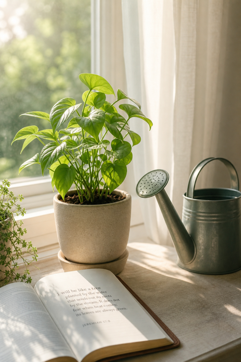 Open Bible showing Jeremiah 17:8 beside a potted plant and watering can on a