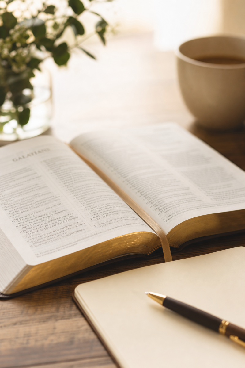 Open Bible turned to Galatians, beside a blank journal, pen, and cup of tea on