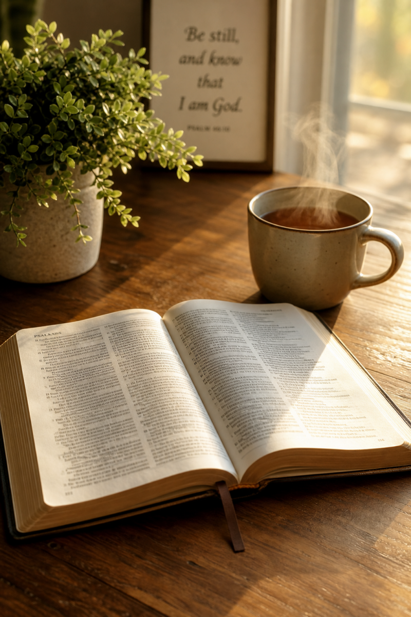Open Bible turned to Psalms on a wooden table, beside a steaming mug and a