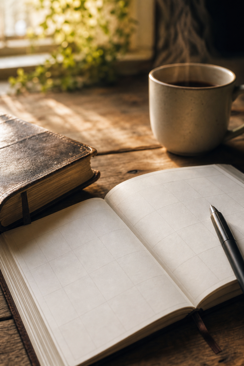 Open blank notebook with a pen, a steaming coffee mug, and an old leather bound